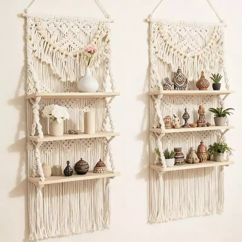 3-Tier Macrame Wall Hanging Shelf with Wooden Beads, Boho Floating Shelf for Living Room and Bedroom