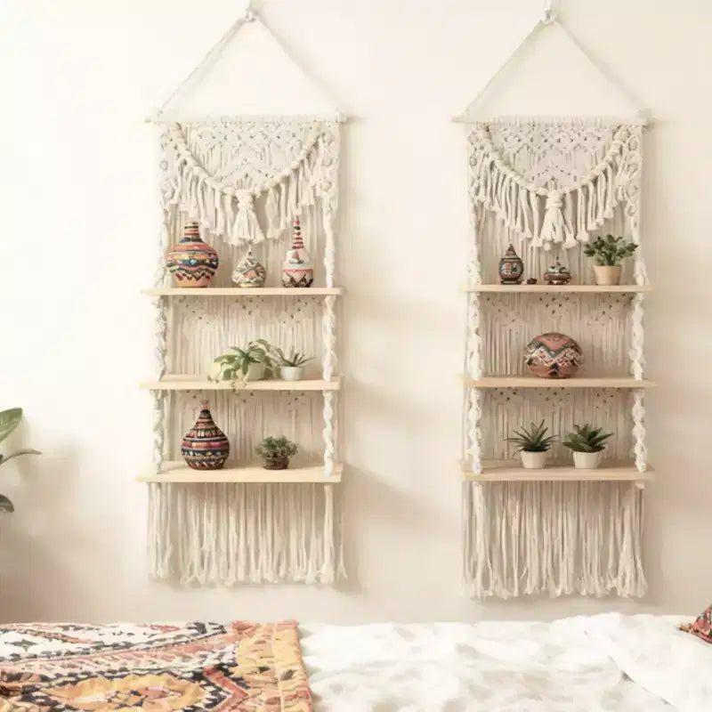 3-Tier Macrame Wall Hanging Shelf with Wooden Beads, Boho Floating Shelf for Living Room and Bedroom