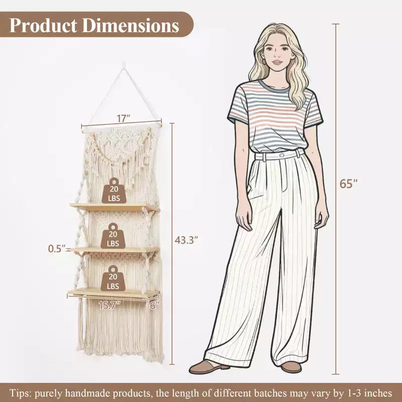3-Tier Macrame Wall Hanging Shelf with Wooden Beads, Boho Floating Shelf for Living Room and Bedroom