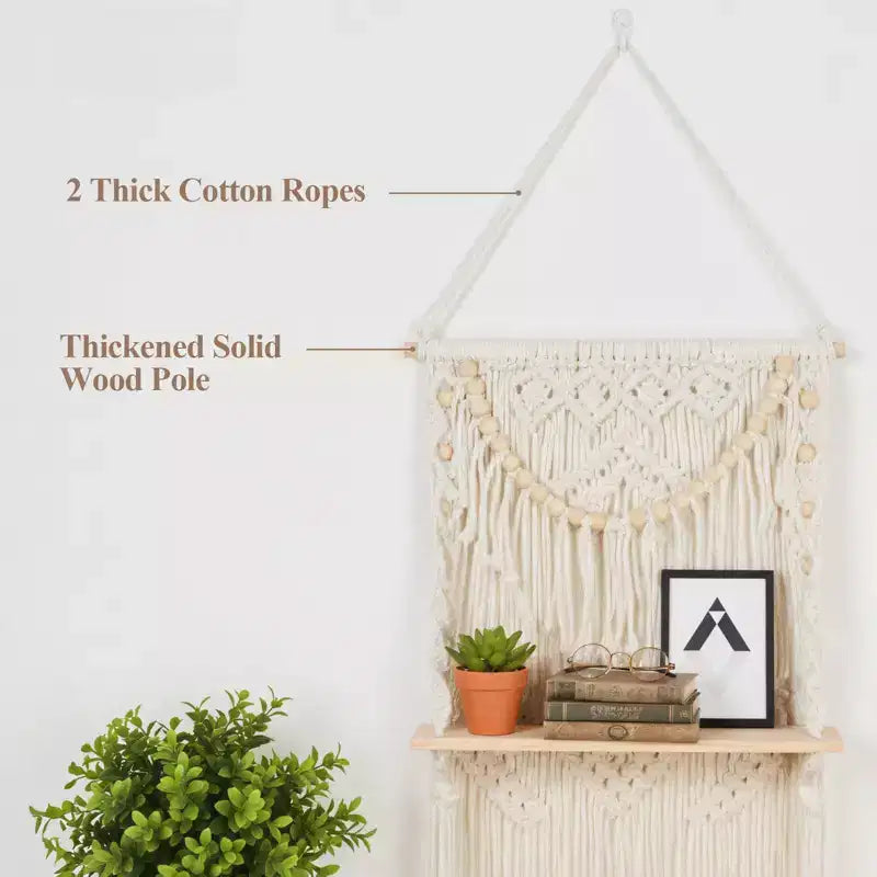 3-Tier Macrame Wall Hanging Shelf with Wooden Beads, Boho Floating Shelf for Living Room and Bedroom