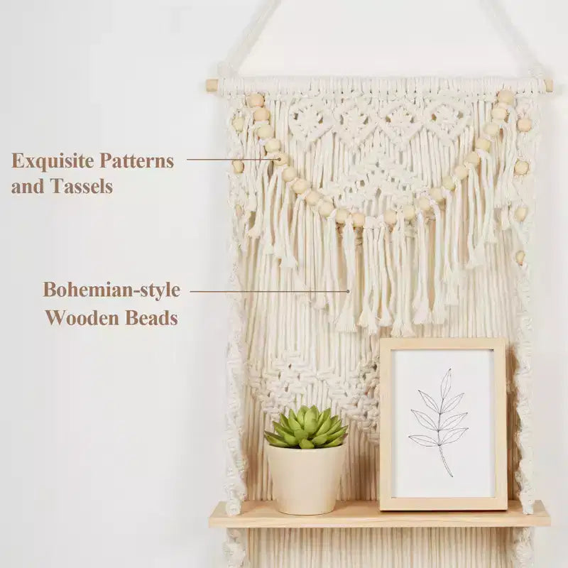 3-Tier Macrame Wall Hanging Shelf with Wooden Beads, Boho Floating Shelf for Living Room and Bedroom