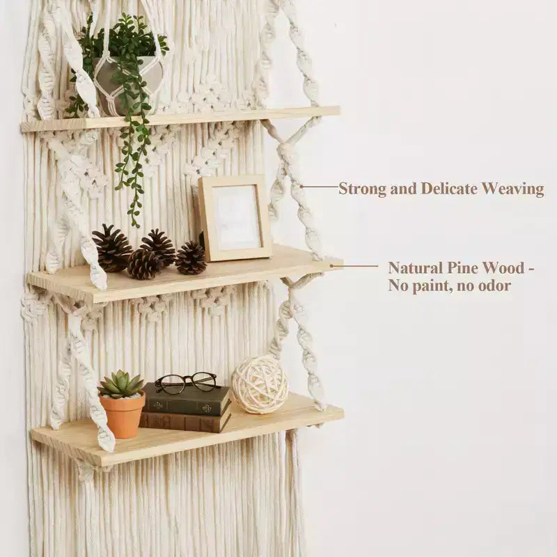 3-Tier Macrame Wall Hanging Shelf with Wooden Beads, Boho Floating Shelf for Living Room and Bedroom