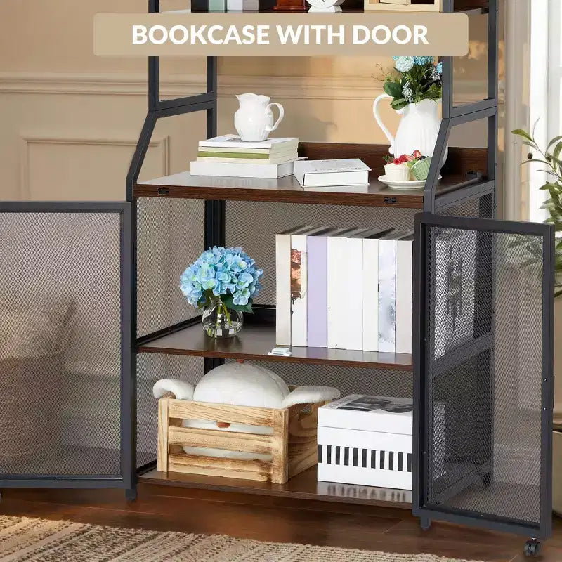 2-in-1 Bookshelf Desk with 6-Shelf Bookcase, Industrial Metal Frame, 70-Inch Floor Standing