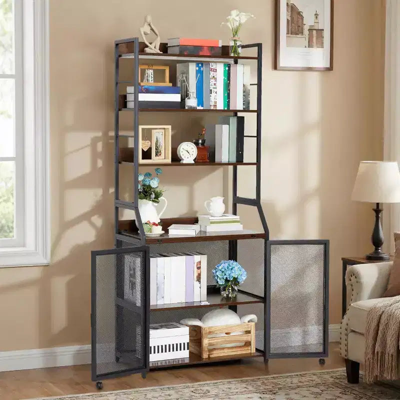 2-in-1 Bookshelf Desk with 6-Shelf Bookcase, Industrial Metal Frame, 70-Inch Floor Standing