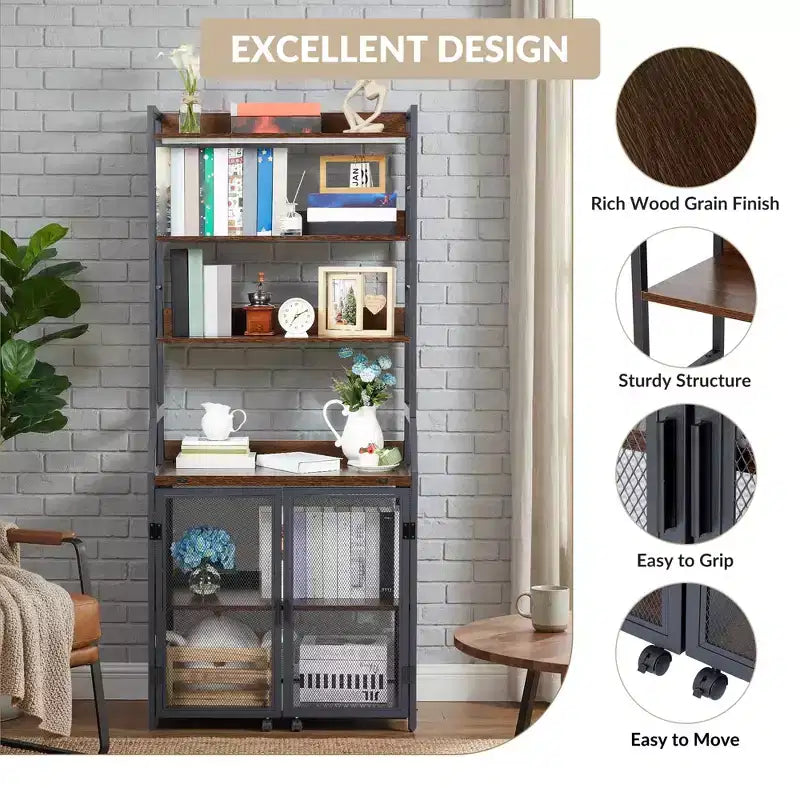 2-in-1 Bookshelf Desk with 6-Shelf Bookcase, Industrial Metal Frame, 70-Inch Floor Standing