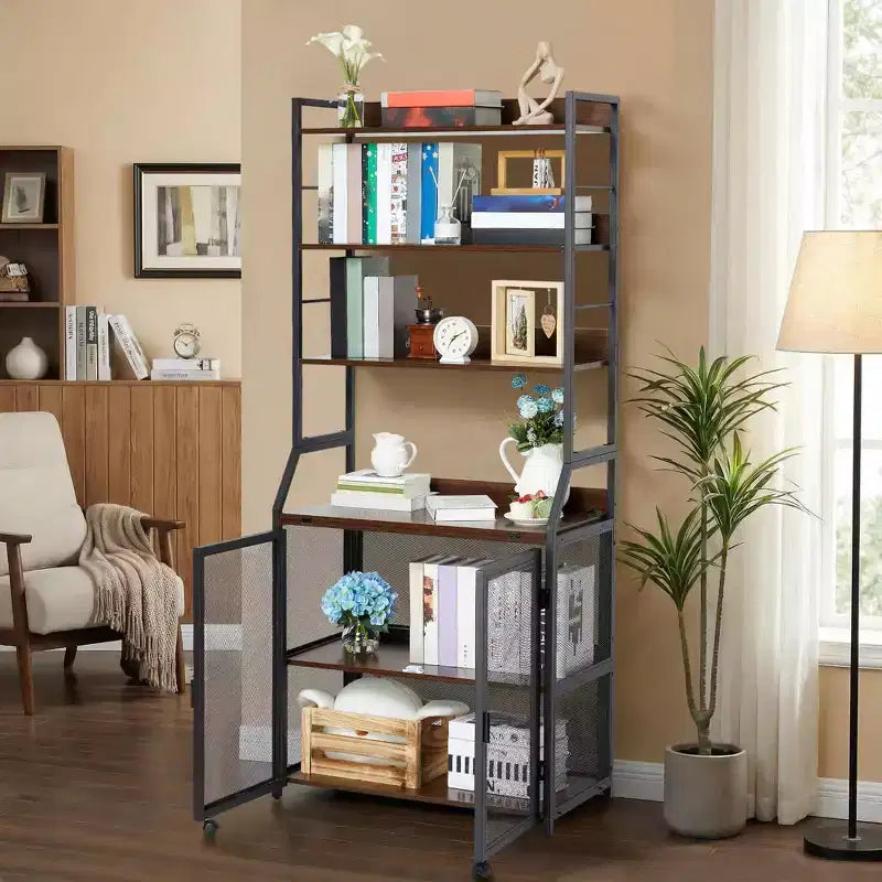 2-in-1 Bookshelf Desk with 6-Shelf Bookcase, Industrial Metal Frame, 70-Inch Floor Standing