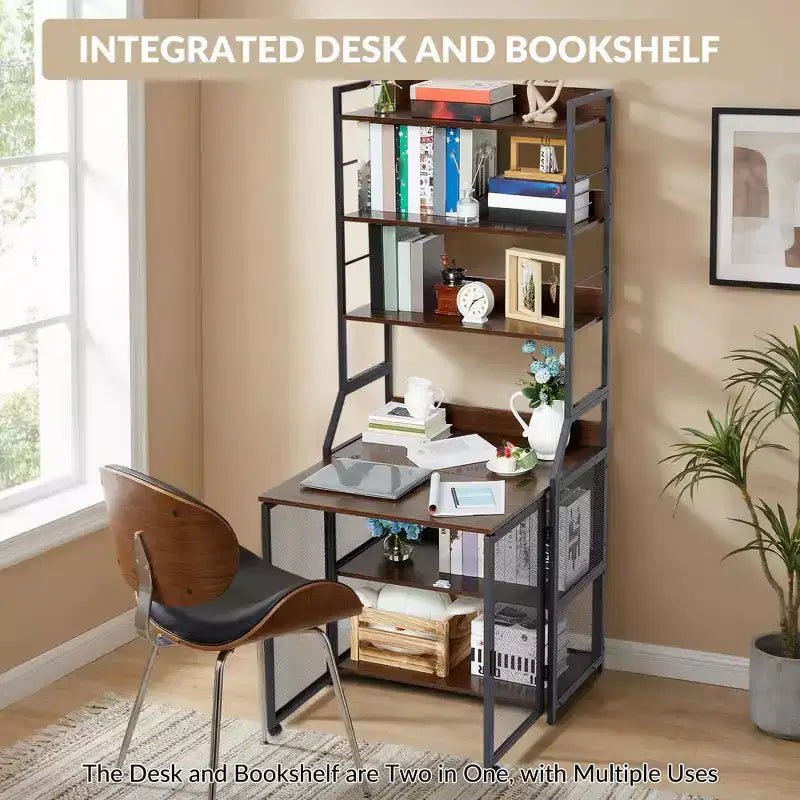 2-in-1 Bookshelf Desk with 6-Shelf Bookcase, Industrial Metal Frame, 70-Inch Floor Standing