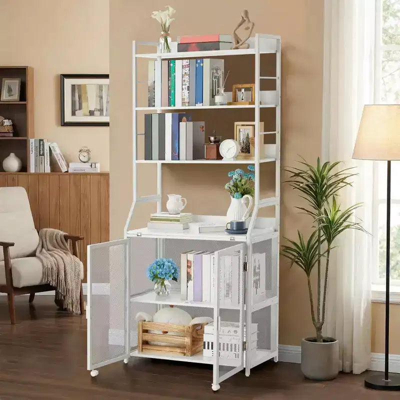 2-in-1 Bookshelf Desk with 6-Shelf Bookcase, Industrial Metal Frame, 70-Inch Floor Standing