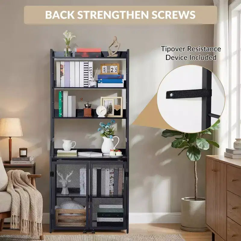 2-in-1 Bookshelf Desk with 6-Shelf Bookcase, Industrial Metal Frame, 70-Inch Floor Standing