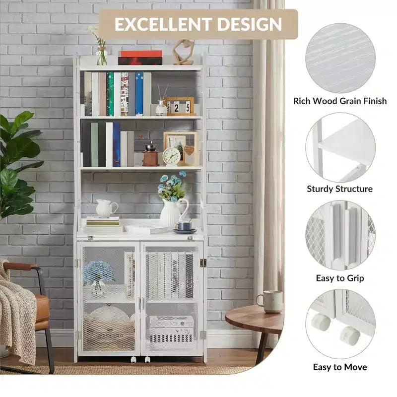 2-in-1 Bookshelf Desk with 6-Shelf Bookcase, Industrial Metal Frame, 70-Inch Floor Standing