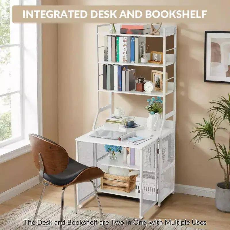 2-in-1 Bookshelf Desk with 6-Shelf Bookcase, Industrial Metal Frame, 70-Inch Floor Standing