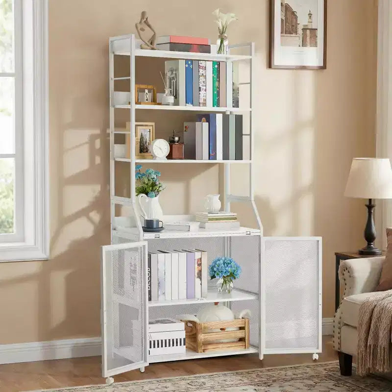 2-in-1 Bookshelf Desk with 6-Shelf Bookcase, Industrial Metal Frame, 70-Inch Floor Standing