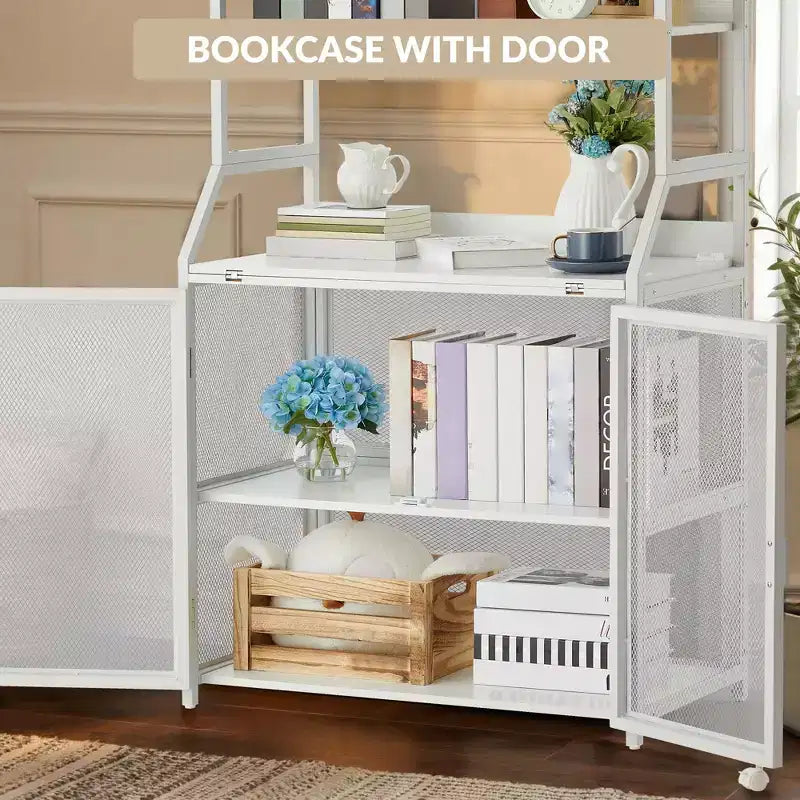 2-in-1 Bookshelf Desk with 6-Shelf Bookcase, Industrial Metal Frame, 70-Inch Floor Standing