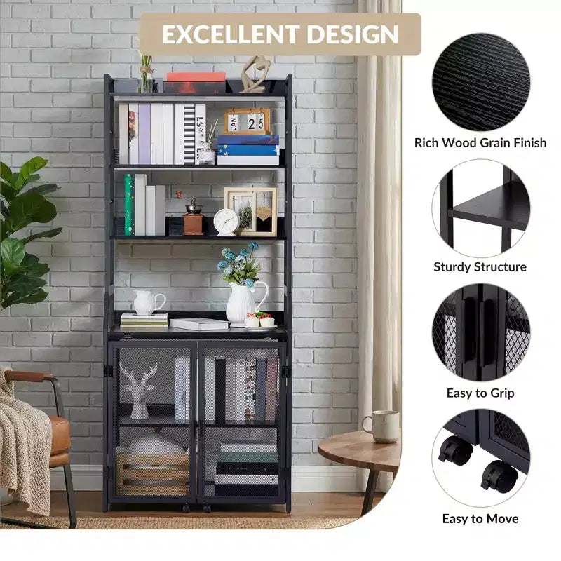 2-in-1 Bookshelf Desk with 6-Shelf Bookcase, Industrial Metal Frame, 70-Inch Floor Standing