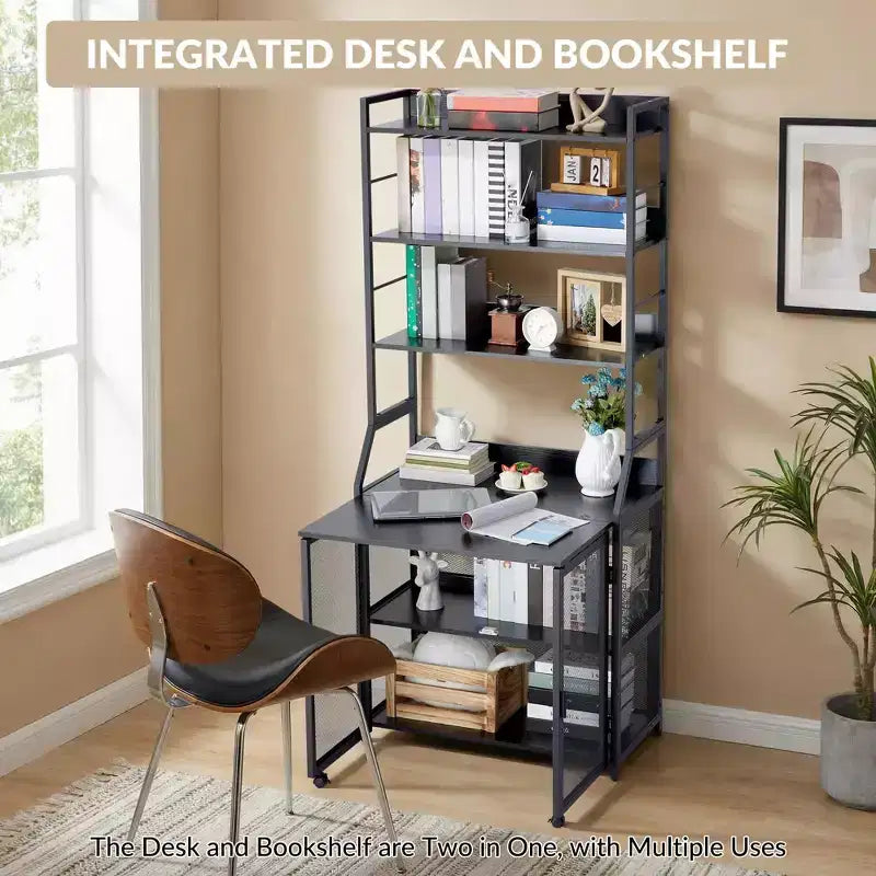 2-in-1 Bookshelf Desk with 6-Shelf Bookcase, Industrial Metal Frame, 70-Inch Floor Standing