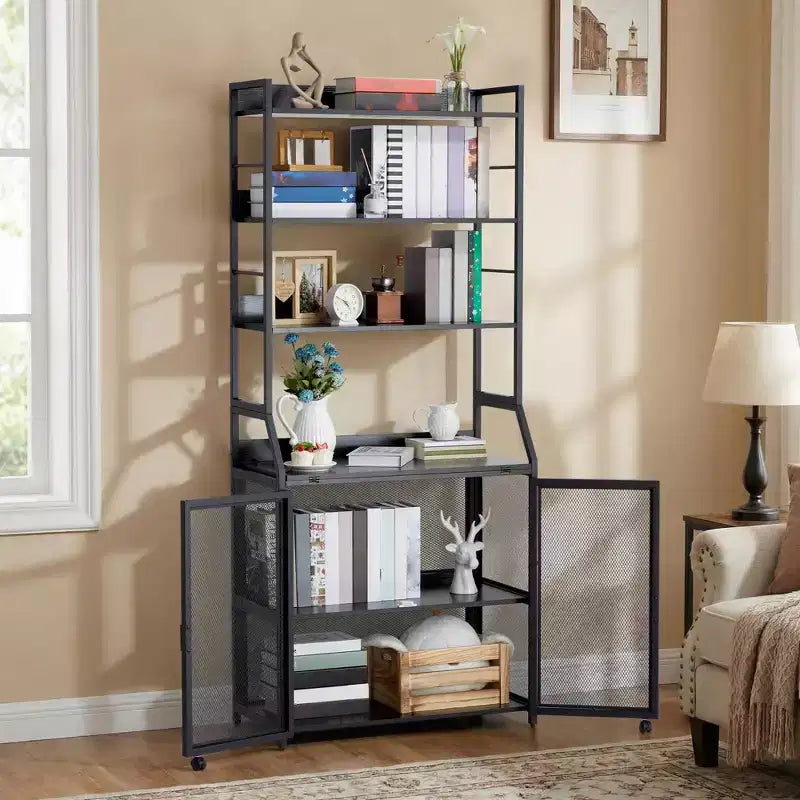 2-in-1 Bookshelf Desk with 6-Shelf Bookcase, Industrial Metal Frame, 70-Inch Floor Standing