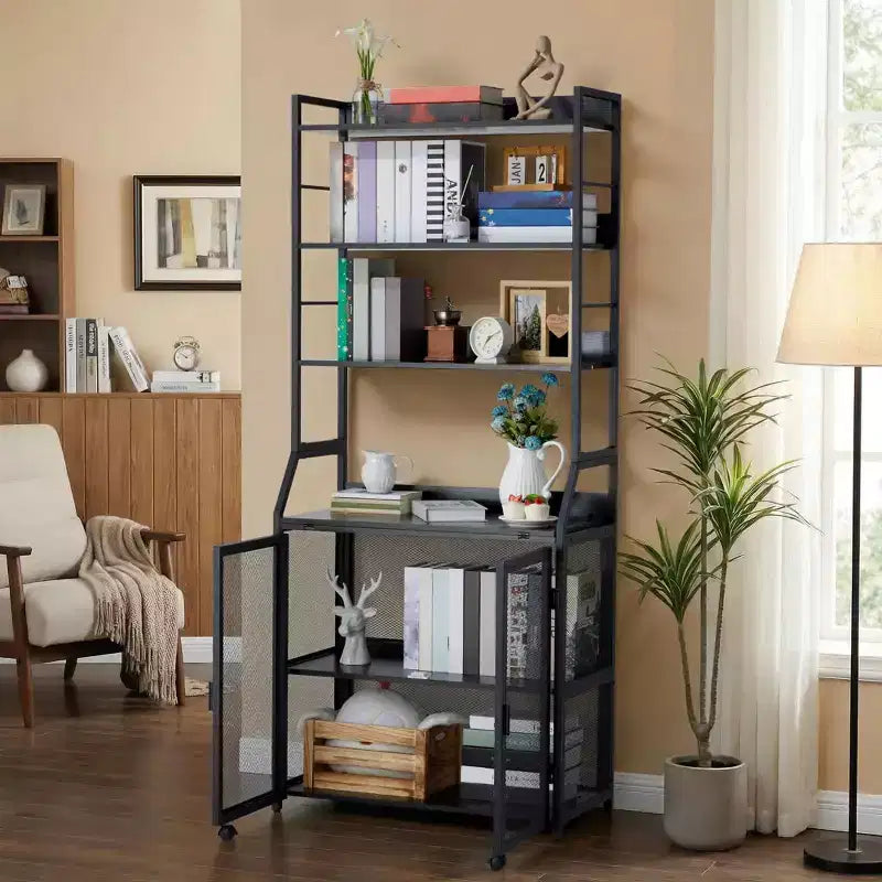 2-in-1 Bookshelf Desk with 6-Shelf Bookcase, Industrial Metal Frame, 70-Inch Floor Standing