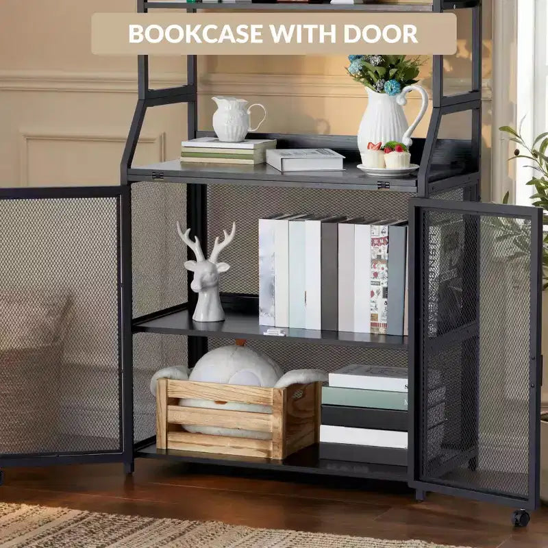 2-in-1 Bookshelf Desk with 6-Shelf Bookcase, Industrial Metal Frame, 70-Inch Floor Standing