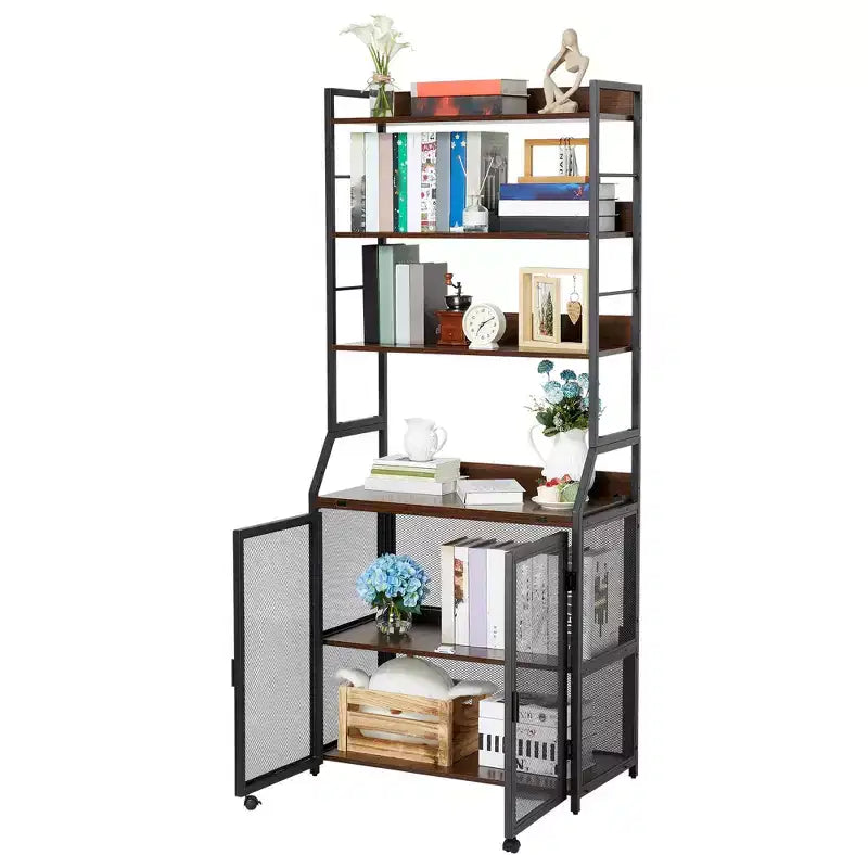 2-in-1 Bookshelf Desk with 6-Shelf Bookcase, Industrial Metal Frame, 70-Inch Floor Standing