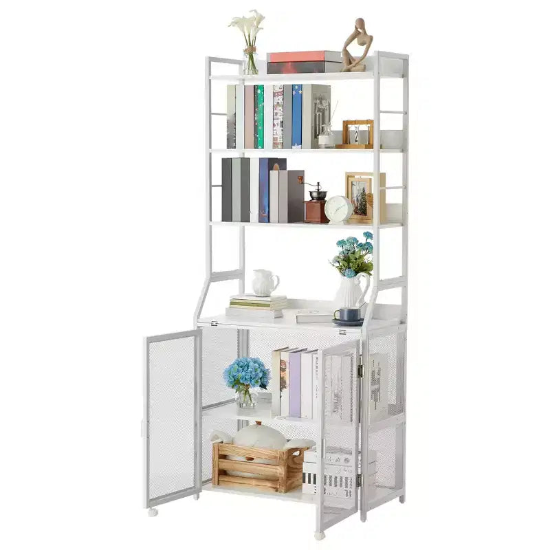 2-in-1 Bookshelf Desk with 6-Shelf Bookcase, Industrial Metal Frame, 70-Inch Floor Standing