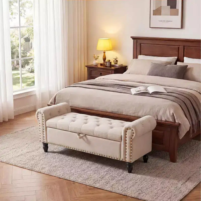 51-Inch Storage Ottoman Bench with Button Tufting, Rolled Arms and Safety Hinge, Linen
