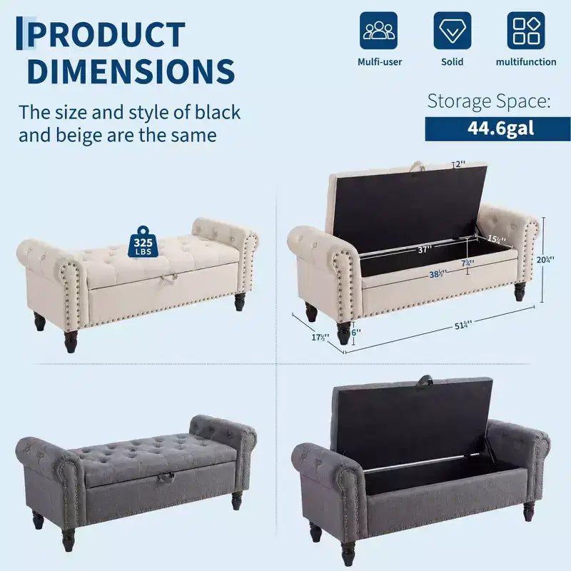 51-Inch Storage Ottoman Bench with Button Tufting, Rolled Arms and Safety Hinge, Linen