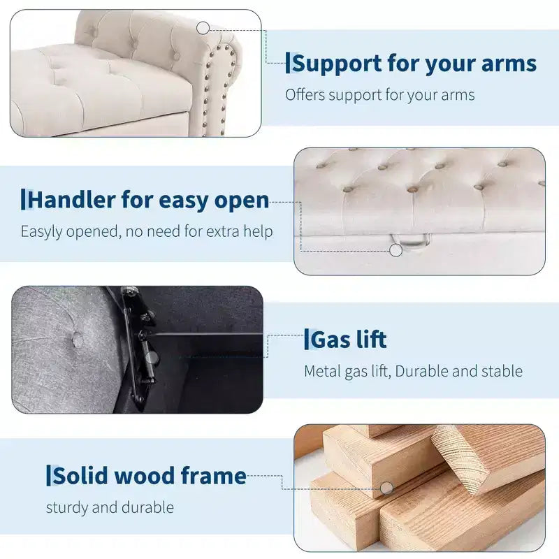 51-Inch Storage Ottoman Bench with Button Tufting, Rolled Arms and Safety Hinge, Linen