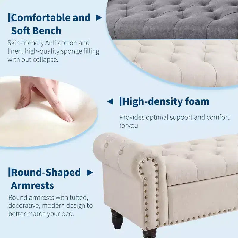 51-Inch Storage Ottoman Bench with Button Tufting, Rolled Arms and Safety Hinge, Linen