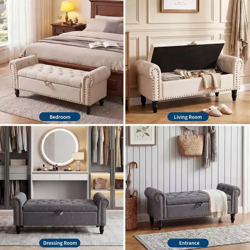 51-Inch Storage Ottoman Bench with Button Tufting, Rolled Arms and Safety Hinge, Linen