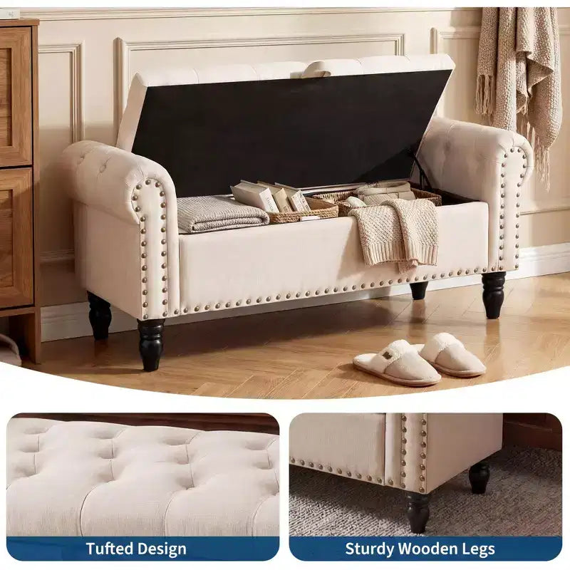 51-Inch Storage Ottoman Bench with Button Tufting, Rolled Arms and Safety Hinge, Linen