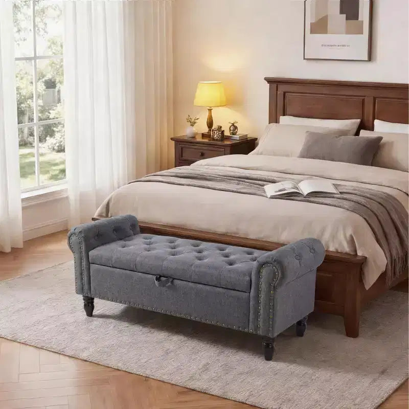 51-Inch Storage Ottoman Bench with Button Tufting, Rolled Arms and Safety Hinge, Linen