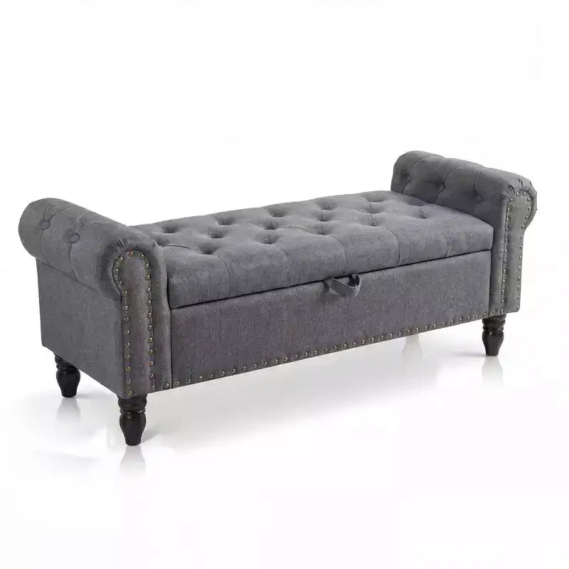 51-Inch Storage Ottoman Bench with Button Tufting, Rolled Arms and Safety Hinge, Linen
