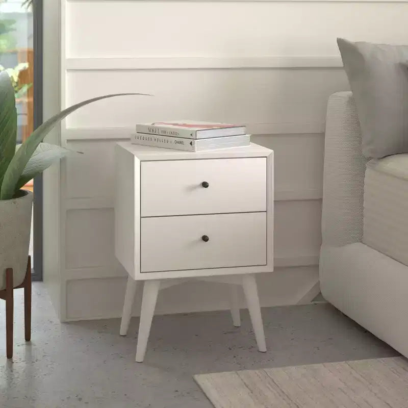 Mid-Century Modern Nightstand with 2 Drawers, Solid Mahogany Frame, White