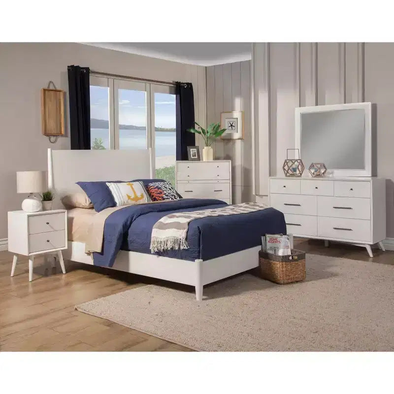 Mid-Century Modern Nightstand with 2 Drawers, Solid Mahogany Frame, White