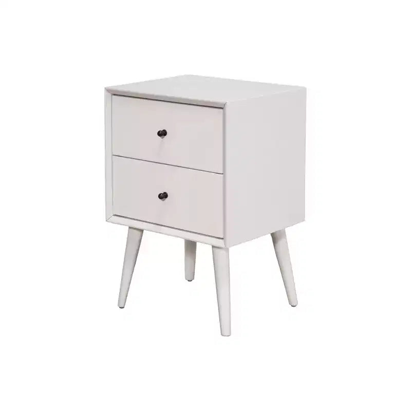 Mid-Century Modern Nightstand with 2 Drawers, Solid Mahogany Frame, White
