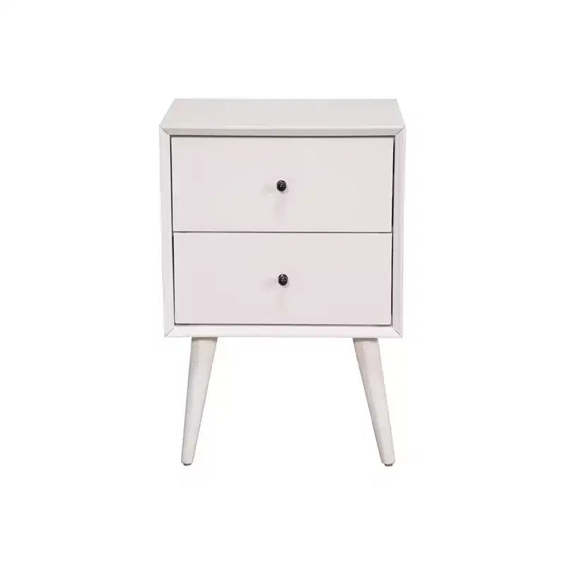 Mid-Century Modern Nightstand with 2 Drawers, Solid Mahogany Frame, White