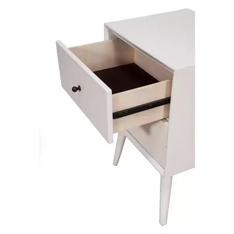 Mid-Century Modern Nightstand with 2 Drawers, Solid Mahogany Frame, White