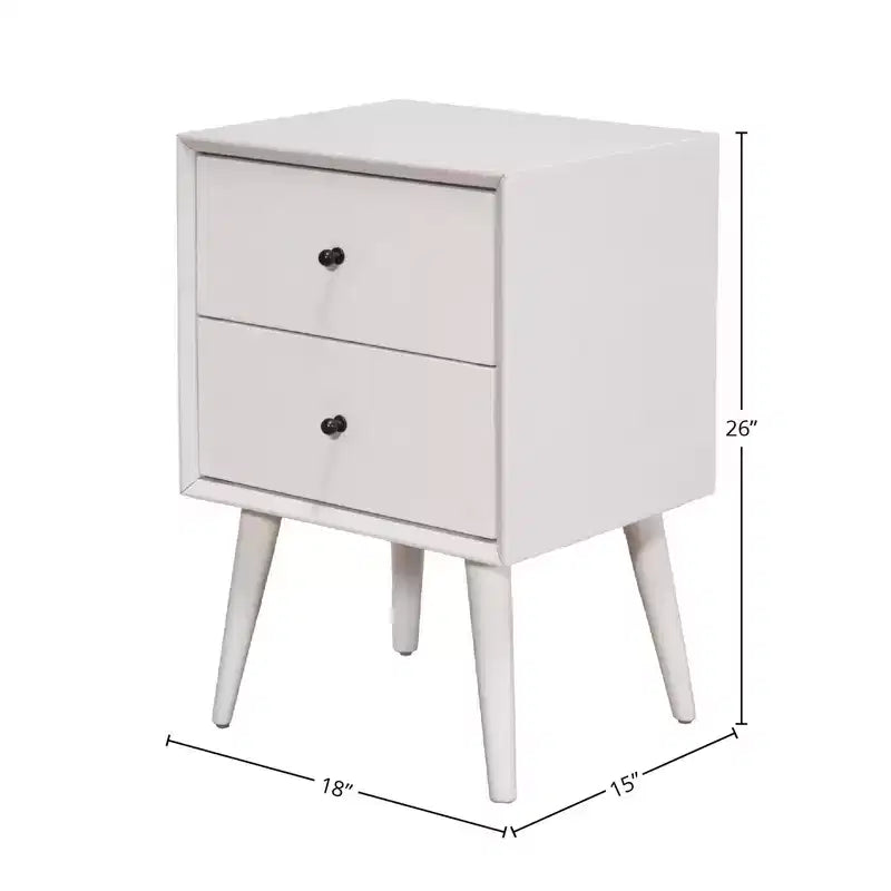 Mid-Century Modern Nightstand with 2 Drawers, Solid Mahogany Frame, White