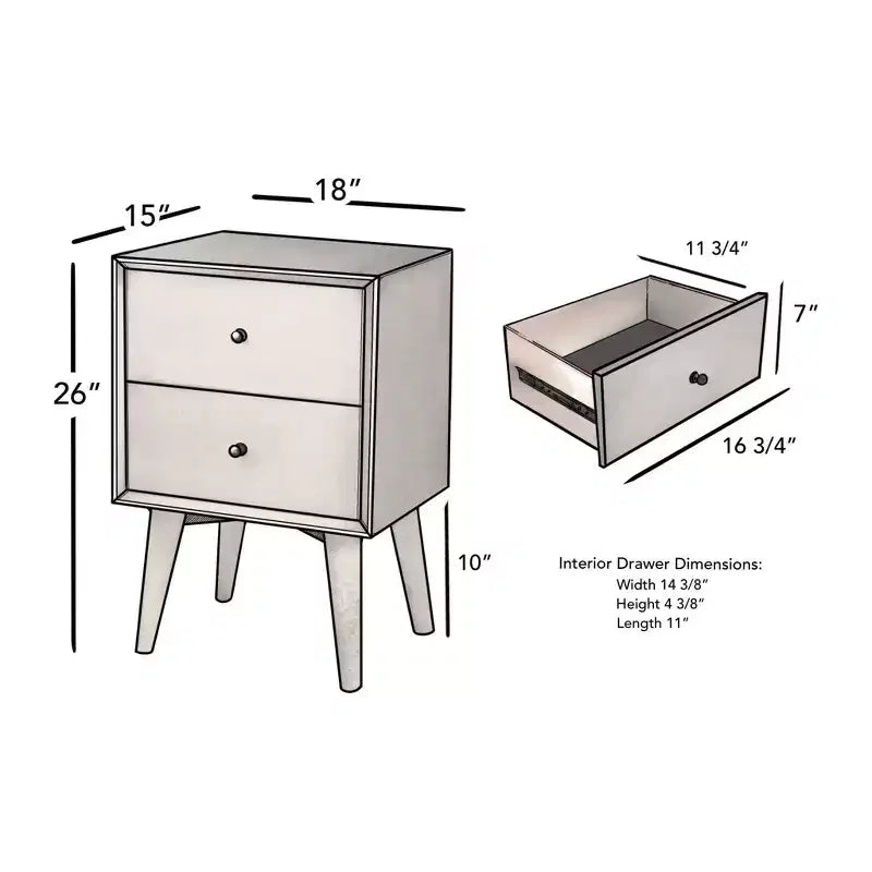 Mid-Century Modern Nightstand with 2 Drawers, Solid Mahogany Frame, White