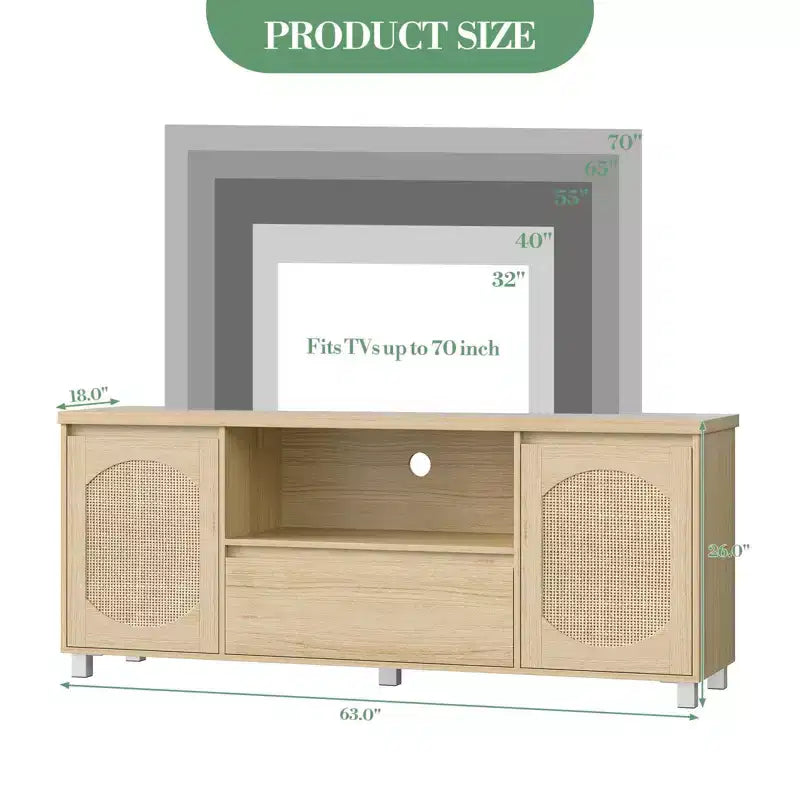 63-Inch Rattan TV Stand with Storage Drawer and Open Shelves, Fits TVs up to 70 Inch