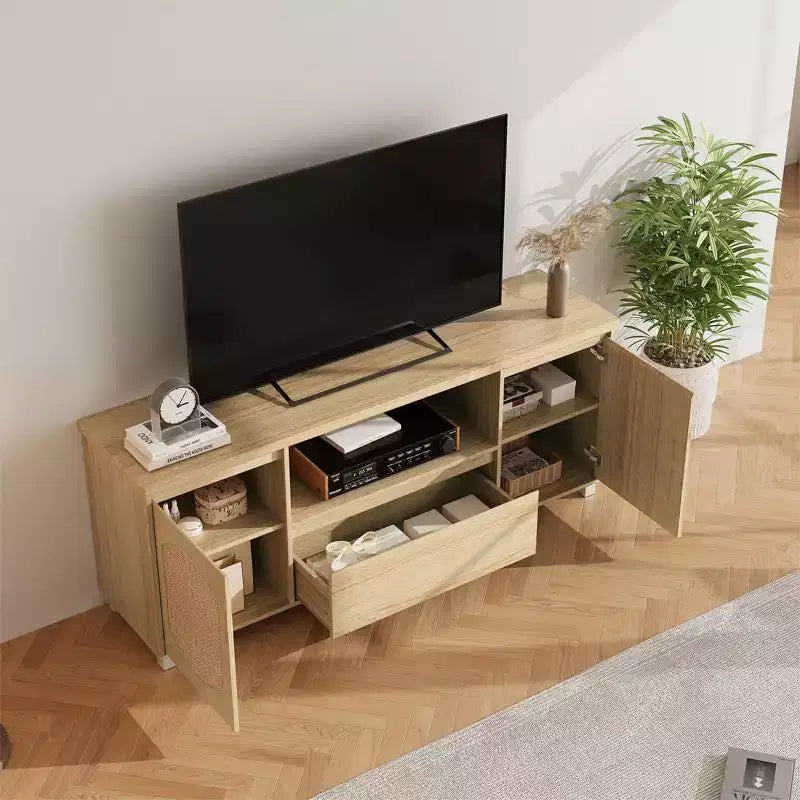 63-Inch Rattan TV Stand with Storage Drawer and Open Shelves, Fits TVs up to 70 Inch