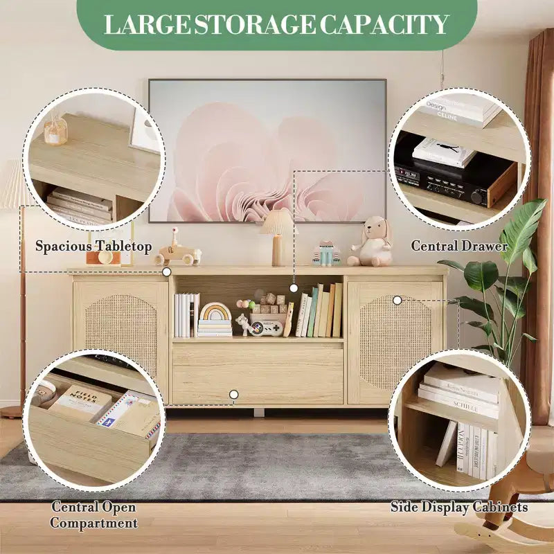 63-Inch Rattan TV Stand with Storage Drawer and Open Shelves, Fits TVs up to 70 Inch