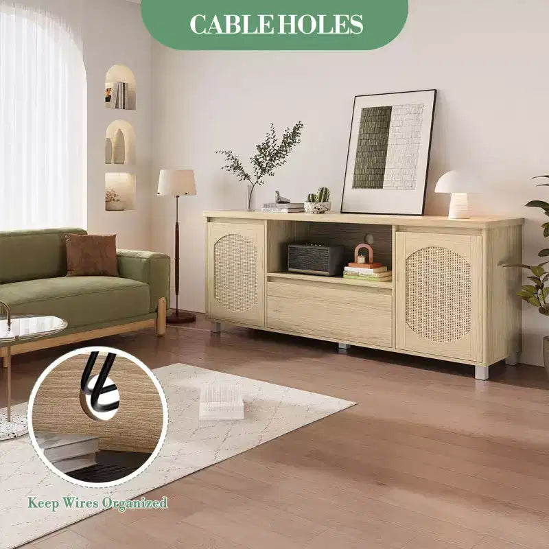 63-Inch Rattan TV Stand with Storage Drawer and Open Shelves, Fits TVs up to 70 Inch
