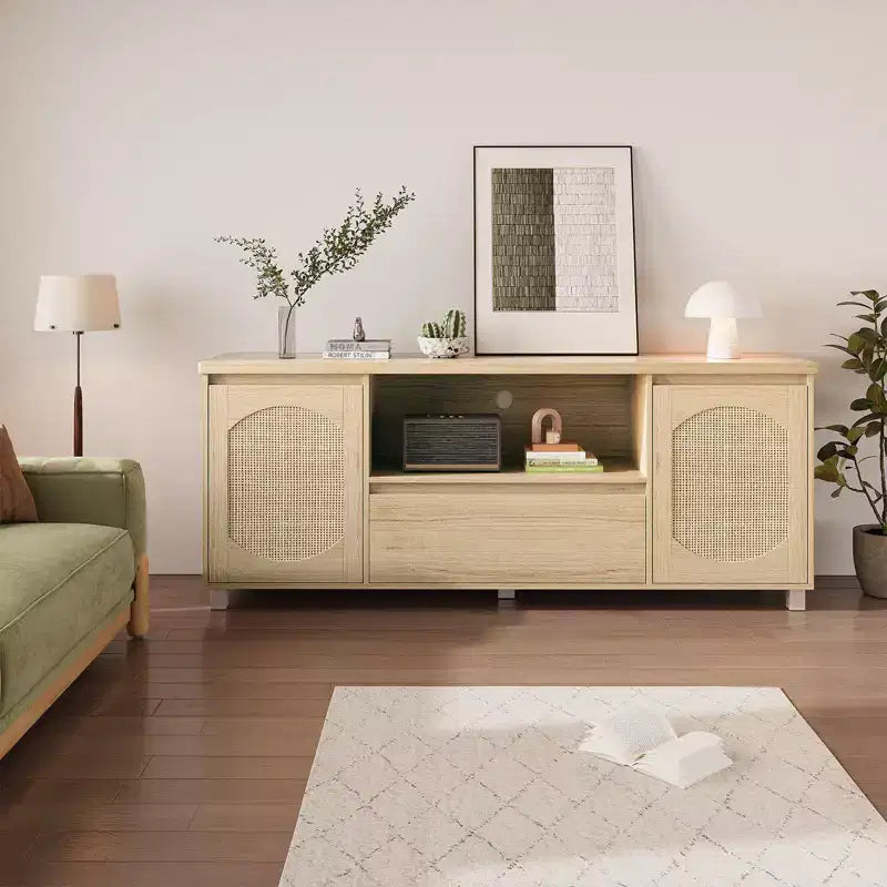 63-Inch Rattan TV Stand with Storage Drawer and Open Shelves, Fits TVs up to 70 Inch