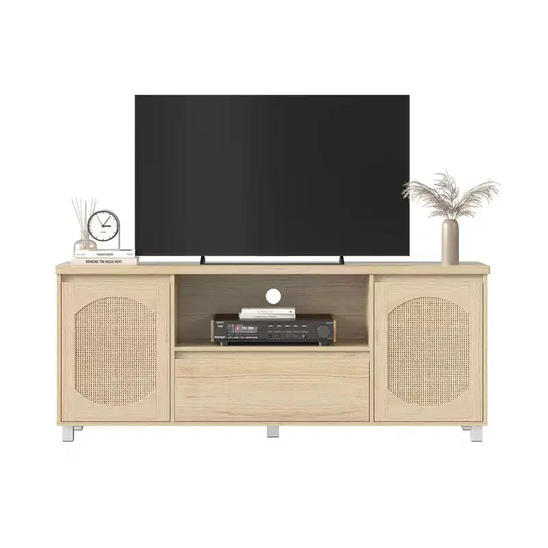 63-Inch Rattan TV Stand with Storage Drawer and Open Shelves, Fits TVs up to 70 Inch
