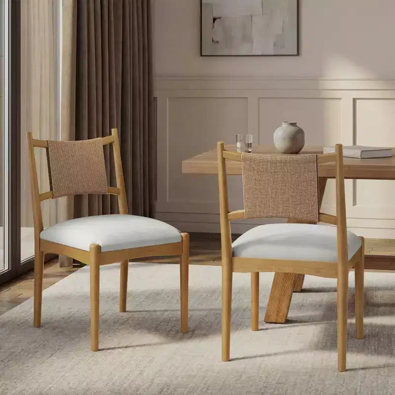 Set of 2 Mid-Century Modern Dining Chairs with Paper Rope Backrest and Rubberwood Frame