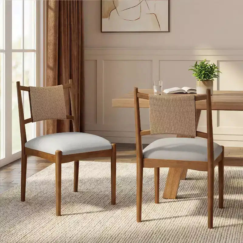Set of 2 Mid-Century Modern Dining Chairs with Paper Rope Backrest and Rubberwood Frame