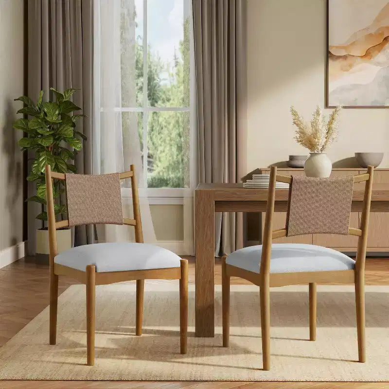 Set of 2 Mid-Century Modern Dining Chairs with Paper Rope Backrest and Rubberwood Frame