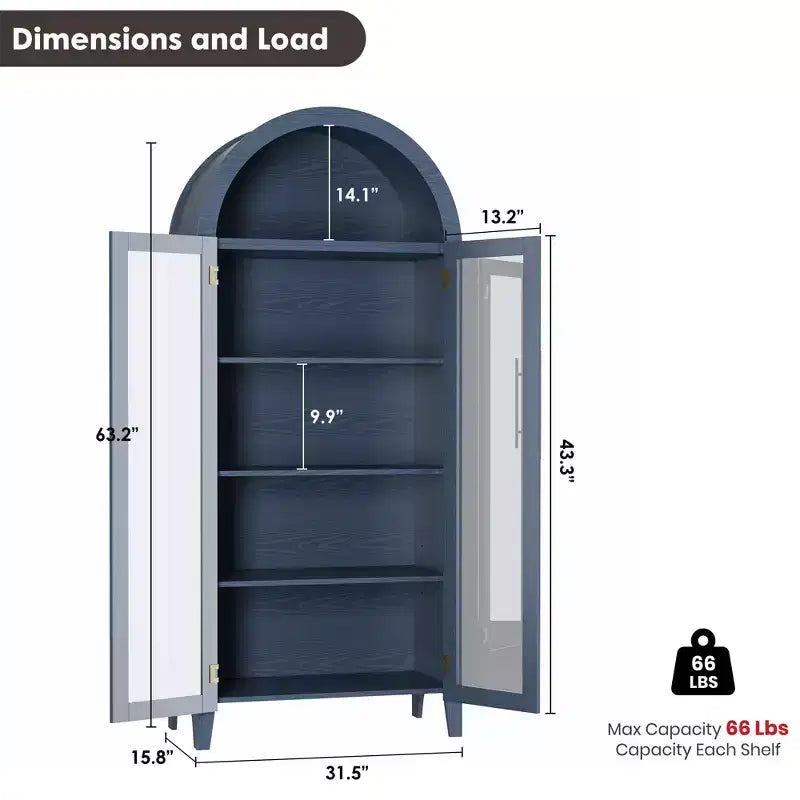 Arched Farmhouse 5-Tier Kitchen Pantry Cabinet with 2 Glass Doors and Adjustable Shelf