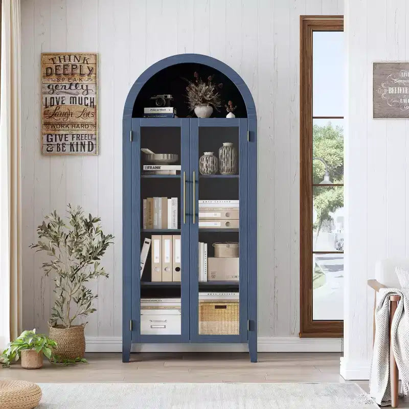 Arched Farmhouse 5-Tier Kitchen Pantry Cabinet with 2 Glass Doors and Adjustable Shelf